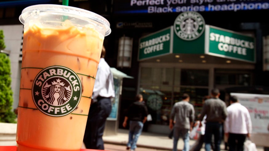 A Starbucks drink is seen on a table in New York's Times Square